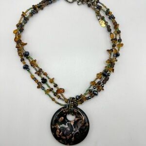 Vintage Signed CG Multi-Strand Glass Beaded Pendant Necklace Adjustable
